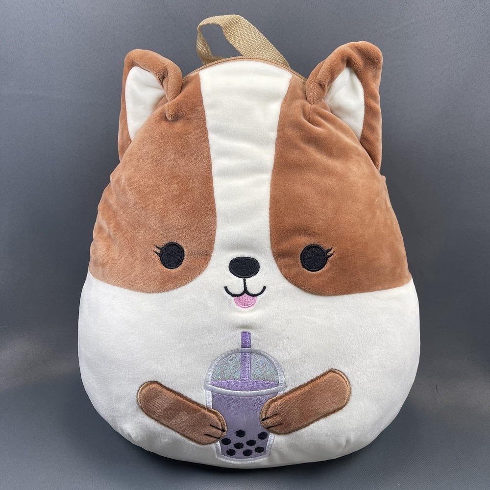 Squishmallow BackPack 12" Boba Tea Regina Corgi‎ Brown & White Dog